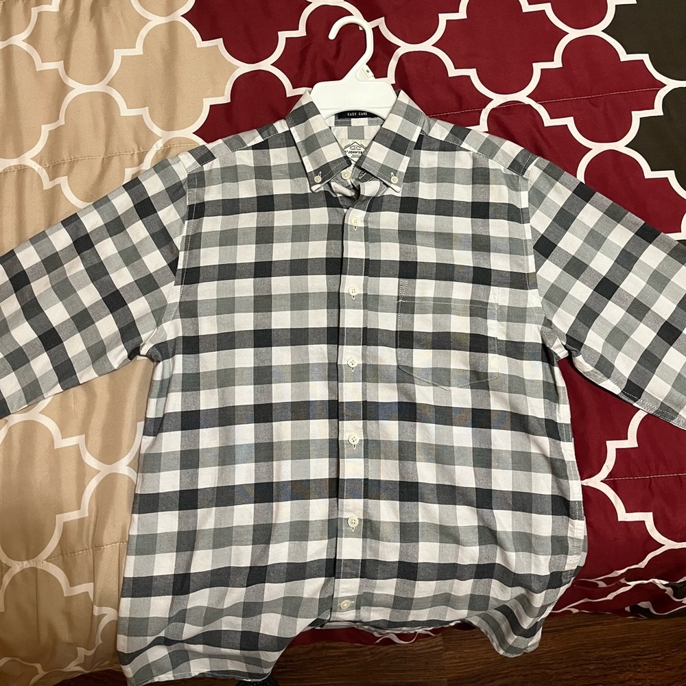 Grey and white dress shirt.